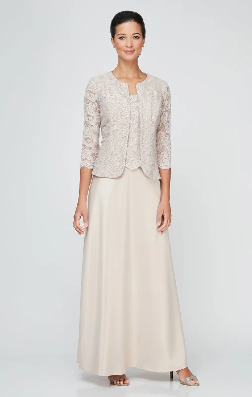 maxi dresses with beltsLong Lace & Satin Jacket Dress with Open Jacket and Scoop Neck Bodice