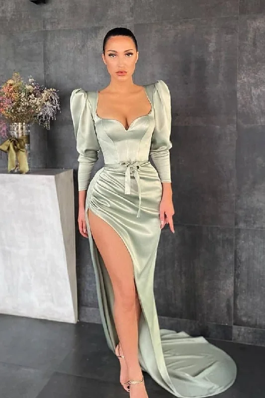 prom dresses with trainsDusty Sage Long Sleeves Prom Dress Split With A Bowknot gh652