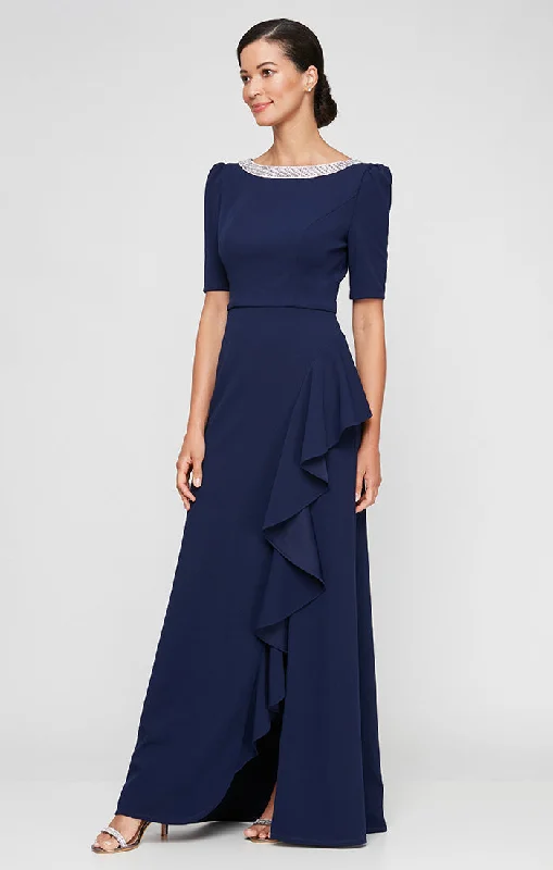 maxi dresses for summerLong Embellished Neck Stretch Crepe Dress with Elbow Sleeves & Cascade Detail Skirt