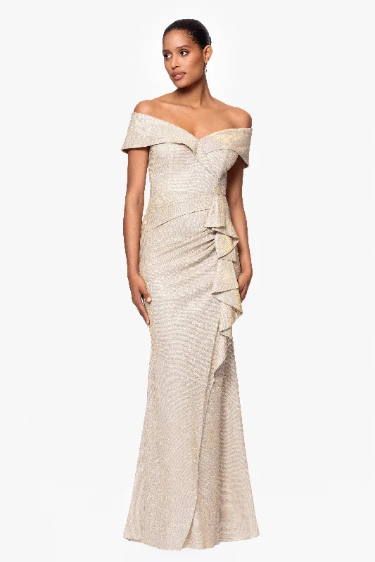 maxi dresses with low necklines"Raveena" Long Foil Knit Off the Shoulder Floor Length Ruffle Dress