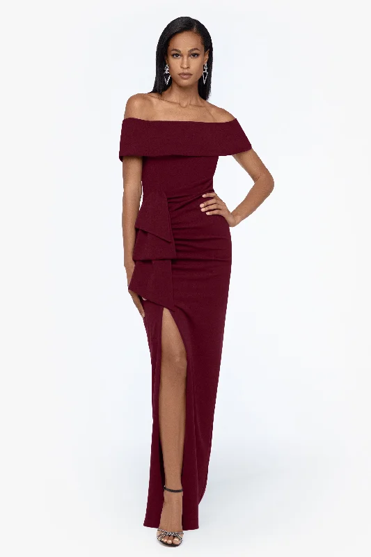 maxi dresses for black-tie events"Camila" Long Off the Shoulder Scuba Crepe Dress