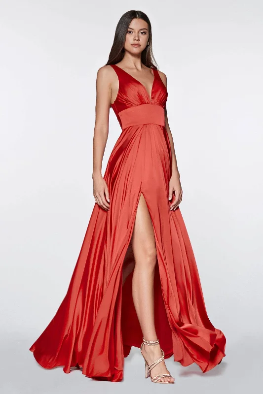 maxi dresses for everyday wearLadivine 7469 - V Neckline Satin Long Dress