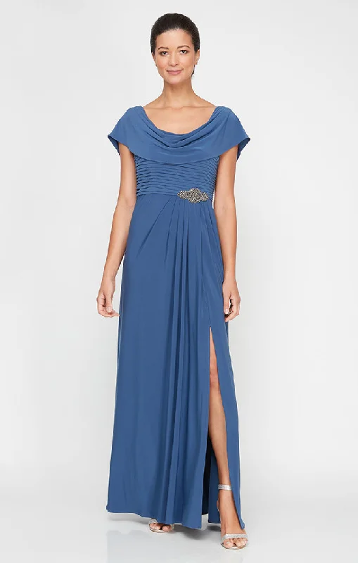 solid color maxi dressesLong Cowl Neck A-Line Matte Jersey Dress with Pleated Bodice Detail, Cowl Back, and Embellishment Detail at Waist