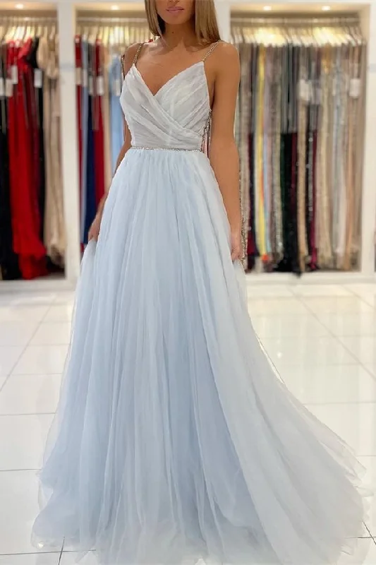 corset prom dressesLight Sky Blue Spaghetti-Straps Tulle Long Prom Dress With Beads gh660