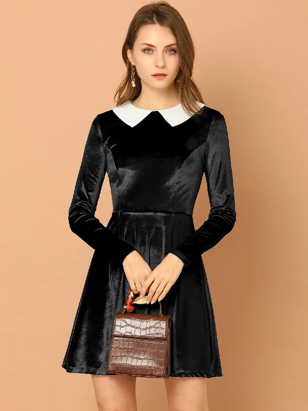 Flowing Long Sleeves DressHalloween Velvet Long Sleeve Contrast Doll Peter Pan Collar Dress