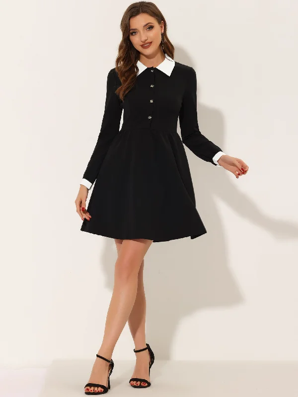 Fuzzy Long Sleeves DressContrast Color Puff Long Sleeve Collared Flare Short Dress