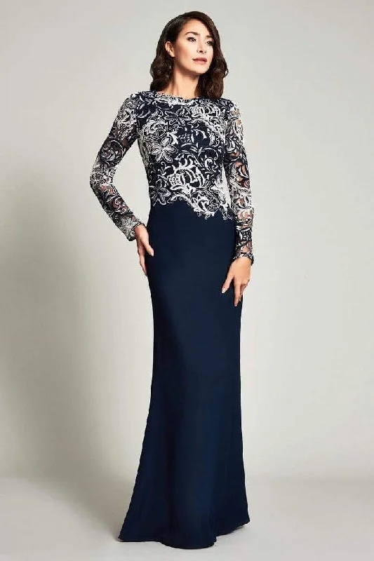 Flowery Silk Long Sleeves DressTadashi Shoji - Long Sleeve Embroidered Sheath Dress BOQ16206LXY - 2 pcs Navy/White In Size 10 and 18 Available