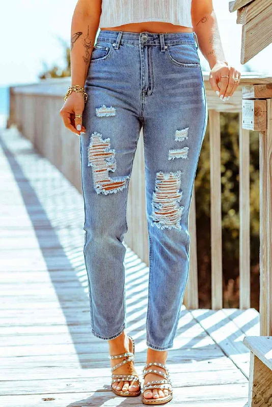 women's denim jeans with cotton blendBaeful Distressed Ankle-Length Straight Leg Jeans