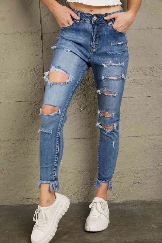 women's bootcut denim jeansBaeful Distressed Frayed Hem Cropped Jeans