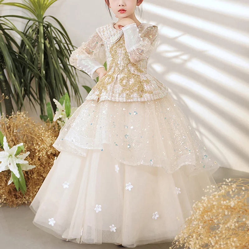 Funky Long Sleeves DressGirl Communion Easter Dress Champagne Sequin Long Sleeve Floral Birthday Princess Dress