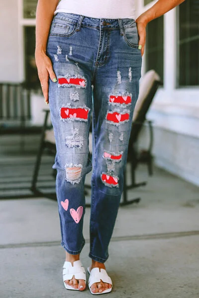 women's mom jeans denimHeart Distressed Jeans with Pockets