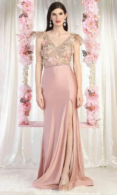 Formal Dress for Beach WeddingsMay Queen MQ1981 - 3D Floral V Neck Slit Gown