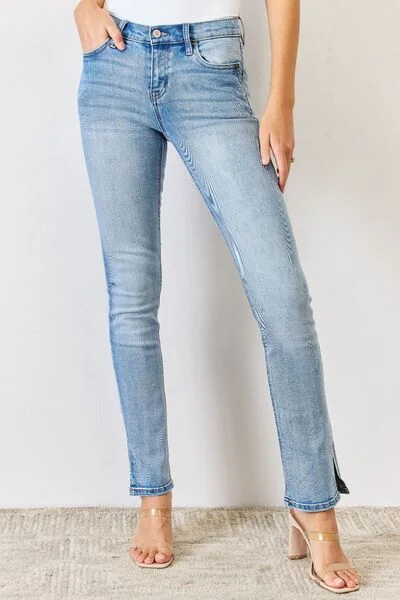 women's denim jeans with leather back pocketsKancan Full Size Mid Rise Y2K Slit Bootcut Jeans