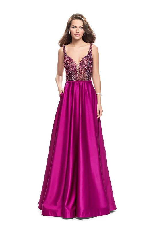 Formal Dress for Large WeddingsLa Femme - 25348 Sleeveless Crystal Crusted Plunging Satin Gown