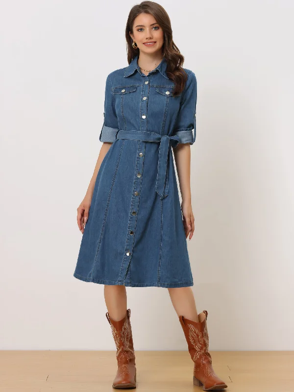 Fuzzy Knit Long Sleeves DressDenim Button Down Long Sleeve Belted Classic Jean Shirt Dress