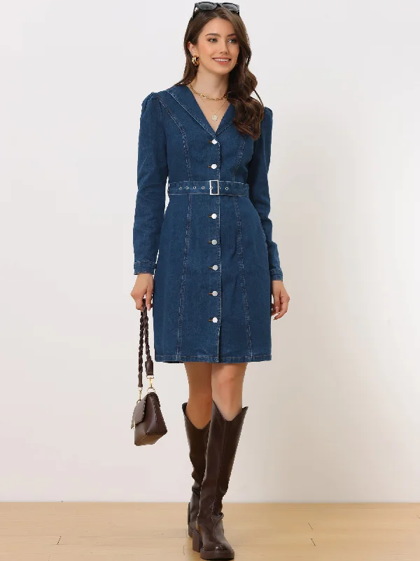 Flowing Long Sleeves Prom DressLong Sleeve Button Down Lapel Belt Pockets Jean Denim Shirt Dress