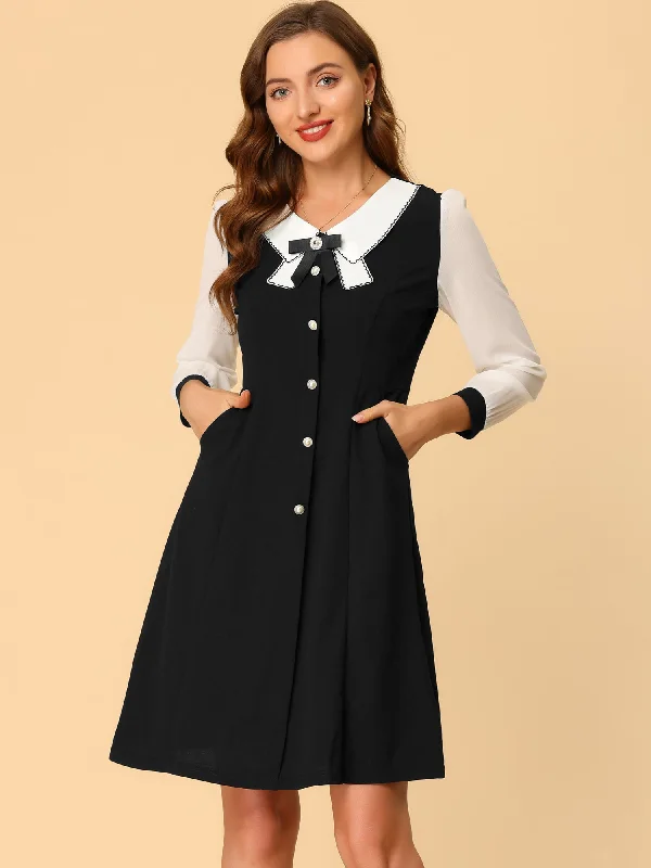 Full-Body Long Sleeves Jumpsuit DressContrast Collar Bow Tie A-Line Long Sleeve Elegant Button Decor Dress