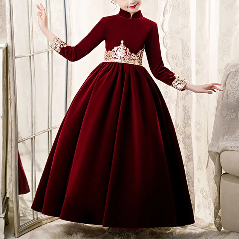 Flattering Long Sleeves DressToddler Christening Dress Girl Winter Red Vintage Long Sleeve Princess Pageant Dress