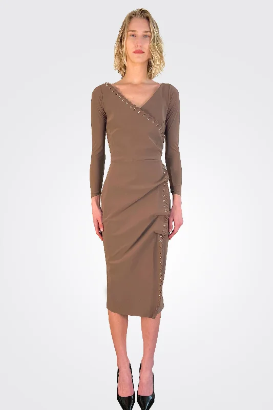 Fitted Long Sleeves High-Low DressElma Long Sleeve Faux Wrap Cocktail Dress - Cafe Au Lait