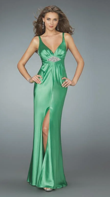 Formal Dress for Outdoor WeddingsLa Femme - 14600 Resplendent Halter-Style Sheath Gown with Center Slit