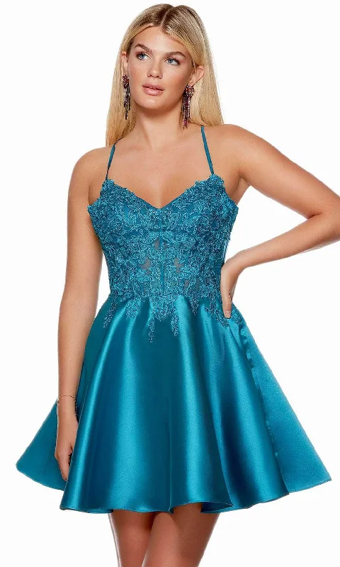 spaghetti-strap party dressesAlyce Paris 3145 - Lace Bodice A-Line Homecoming Dress