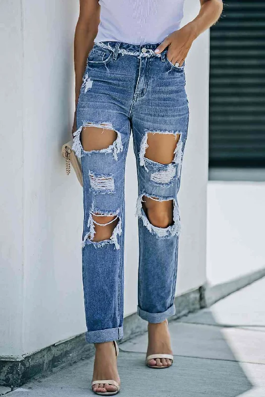 women's denim jeans for a cozy dayDistressed Frayed Trim Straight Leg Jeans