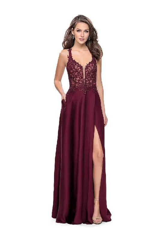 Formal Dress for Holiday PartiesLa Femme - 26124 Embroidered Lace V-neck Satin A-line Gown