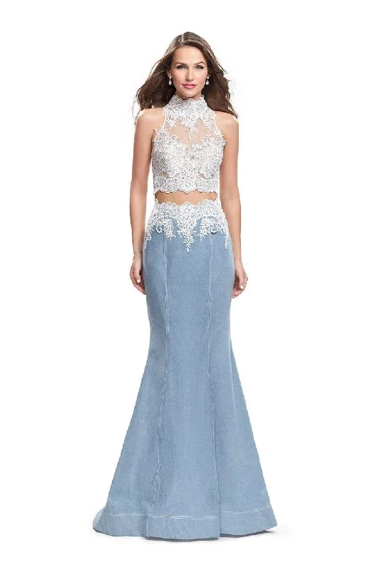 Formal Dress for Summer WeddingsLa Femme - 25805 Sheer Beaded High Neck Illusion Two Piece Gown