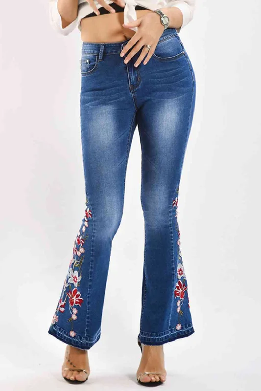 women's distressed denim jeans with holesFull Size Flower Embroidery Wide Leg Jeans