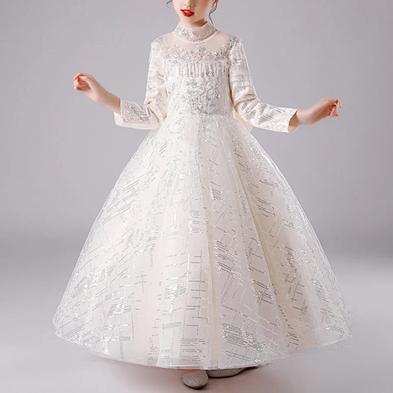 Flexible Long Sleeves Chiffon DressToddler First Communion Dress Girl Elegant Long Sleeve Bow Knot Fluffy Princess Cake Pageant Dress