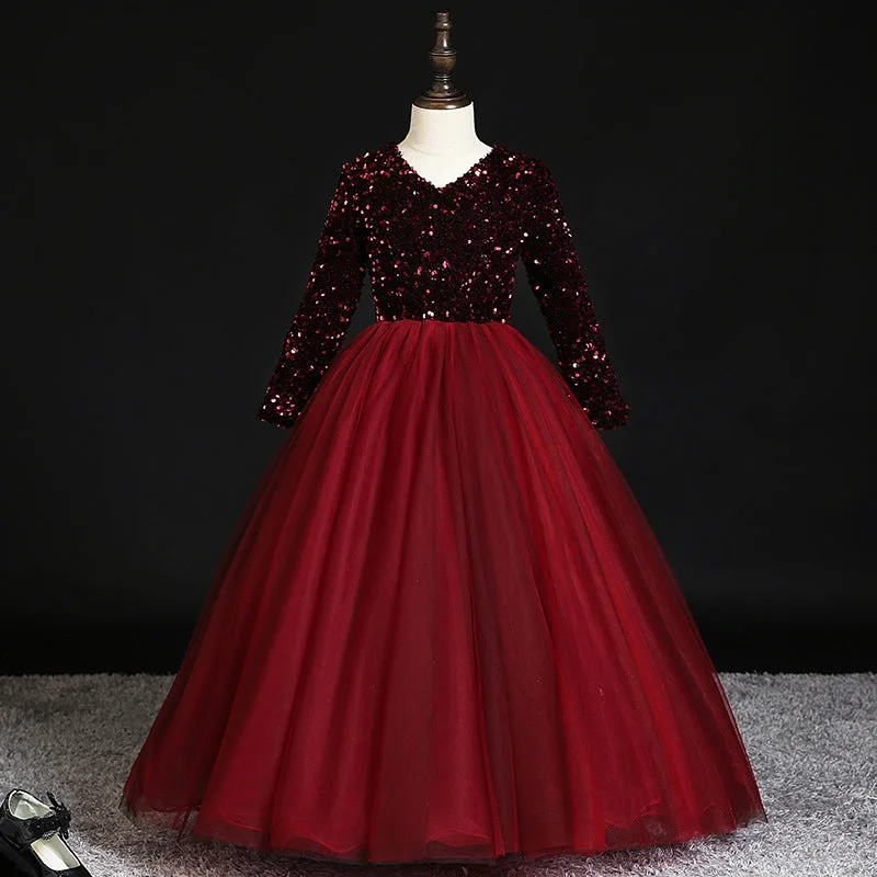 Flowy Long Sleeves DressGirl Communion Dress Little Girl Red Sequins Long Sleeve Pageant Princess Dress