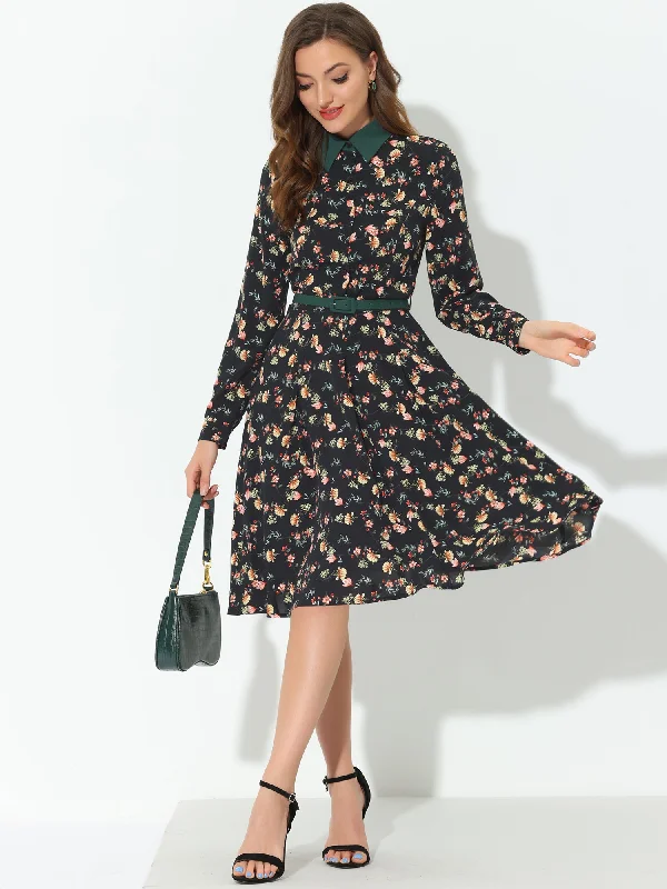 Flowing Chiffon Long Sleeves DressFloral Contrast Collar Belted Long Sleeve Retro Work Office Dress