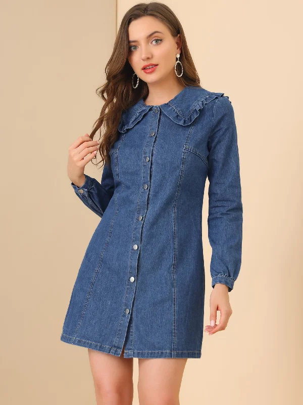 Flattering Long Sleeves DressButton Down Long Sleeve Ruffle Collar Denim Over Knee Dress