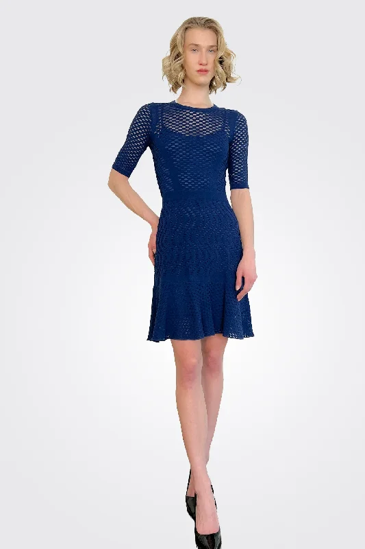 Fitted Lace Long Sleeves DressLong Sleeve Short Dress - Navy