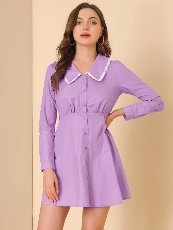 Fuzzy Long Sleeves Velvet DressCasual Peter Pan Collar Long Sleeve Cotton Button Front Shirt Dress