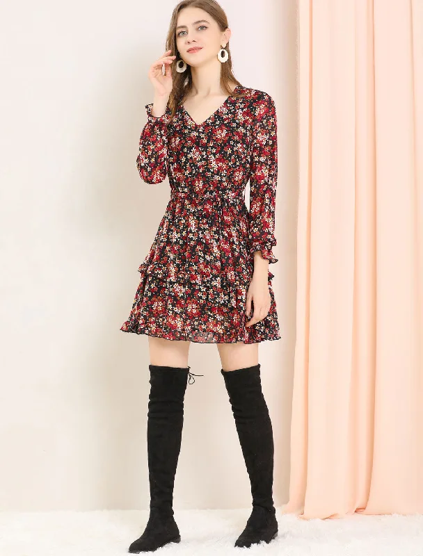 Flowery Patterned Long Sleeves DressLong Sleeve V Neck Elastic Waist Ruffle Hem Chiffon Floral Dress