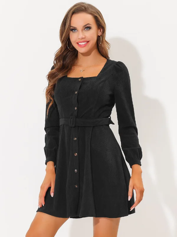 Fabulous Long Sleeves Tiered DressFall Winter Square Neck Long Sleeve Button Down Corduroy Dress