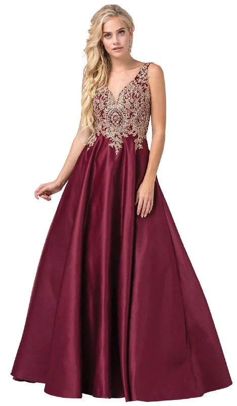 Formal Dress for Black Tie EventsDancing Queen - 2533 Gold Embellished Lace Bodice Satin A-Line Gown