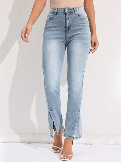 women's denim jeans for tall womenSlit Buttoned Jeans with Pockets