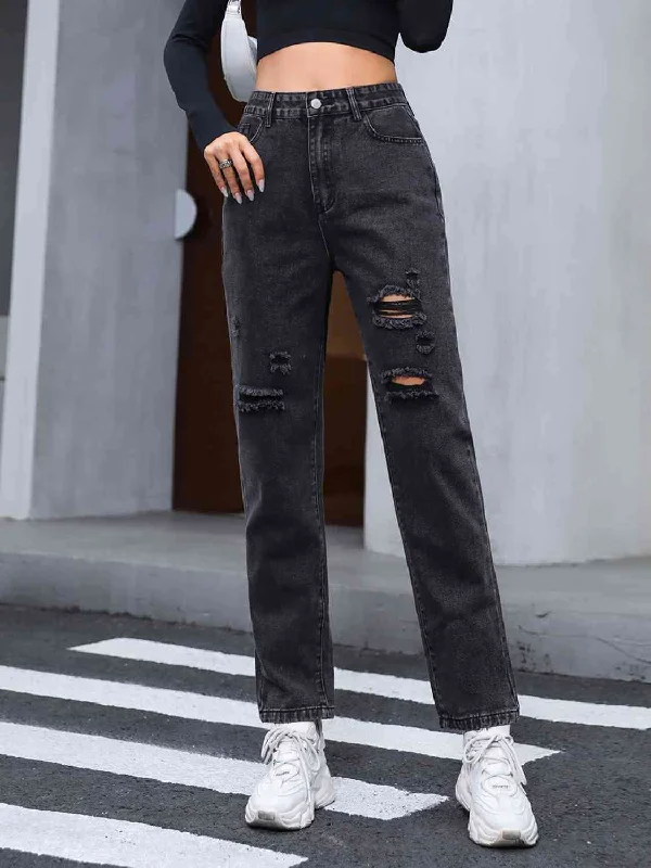 women's denim jeans for a day at the beachDistressed Straight Leg Jeans