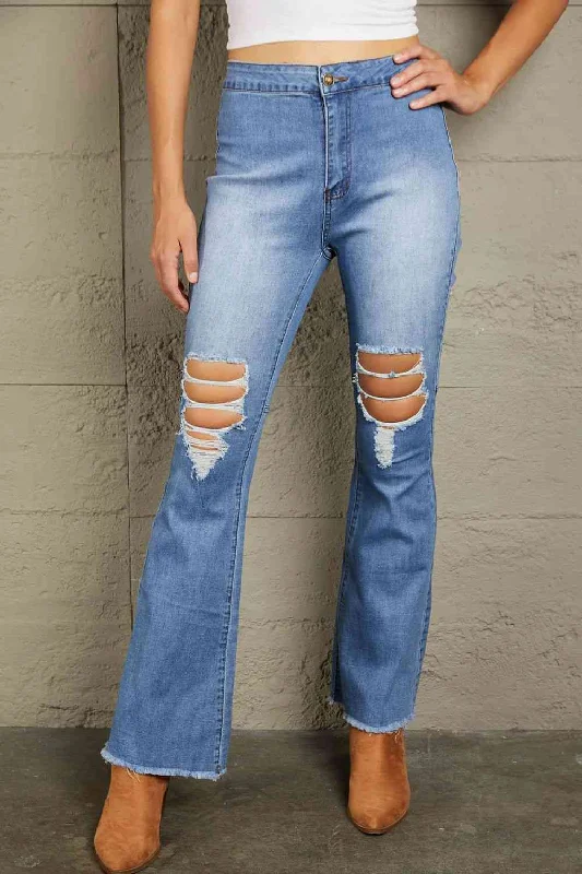 women's denim jeans for everyday wearBaeful Distressed Raw Hem High-Waist Flare Jeans