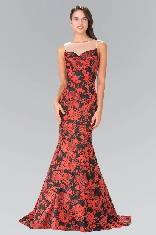 Women's Formal Dress OptionsElizabeth K - GL2246 Illusion Bateau Neckline with Floral Print Gown