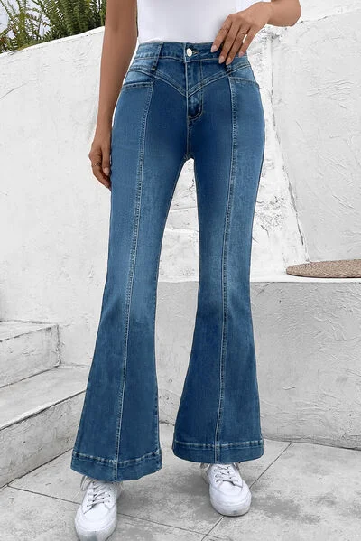 women's denim jeans with distressed thighsPocketed Buttoned Flare Jeans