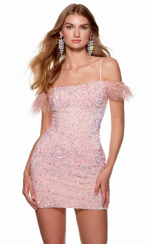 satin party dressesAlyce Paris 4759 - Feather Sleeve Sequin Homecoming Dress