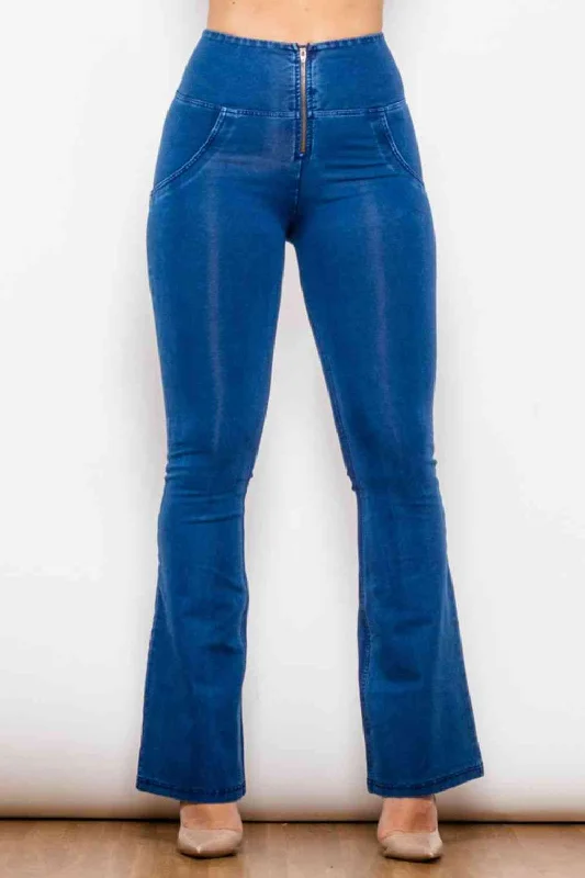 women's boyfriend denim jeansHigh Waist Zip Detail  Flare Long Jeans