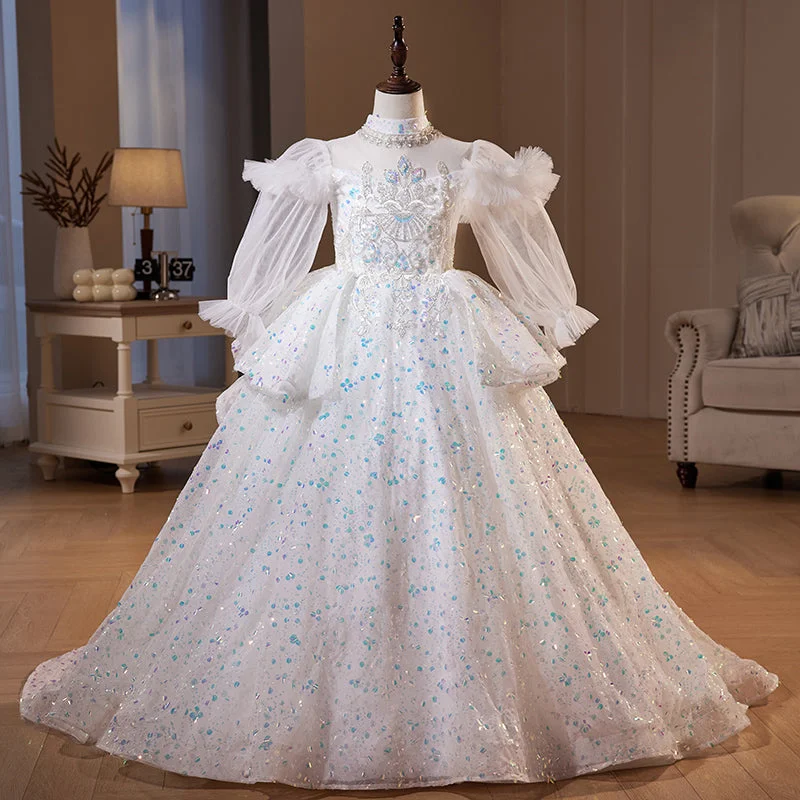 Full-Length Long Sleeves Formal GownChildren First Communion Dress Flower Girl Pageant Princess Long Sleeve Sequin Luxury Dress