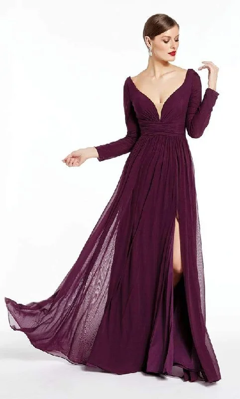 Fashionable Long Sleeves Cocktail DressAlyce Paris - 27304 Long Sleeves V Neck Jersey Dress with Slit - 2 pc Claret in Size 16 and 20 Available