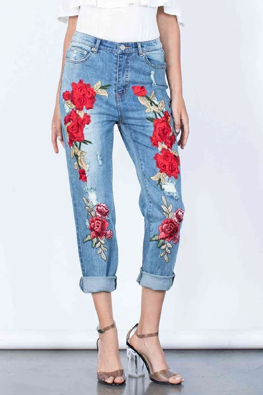 women's denim jeans for a timeless classic lookFull Size Flower Embroidery Buttoned Jeans