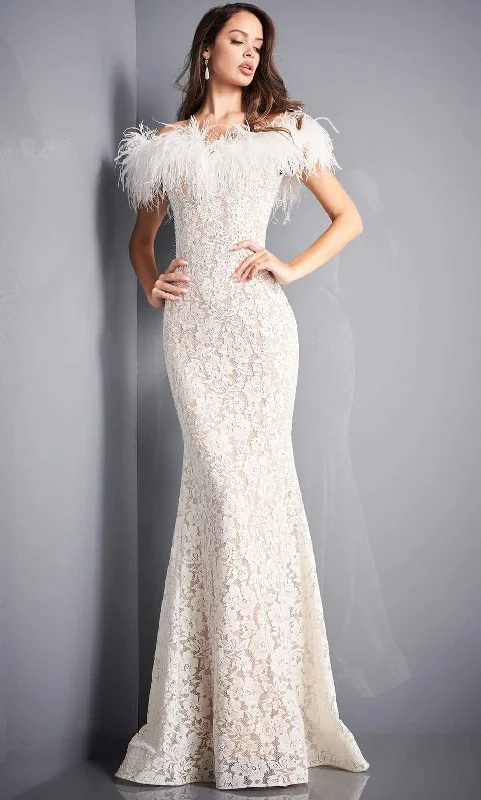 Formal Dress for Urban ThemesJovani - 06451 Feather Off-Shoulder Allover Lace Mermaid Gown