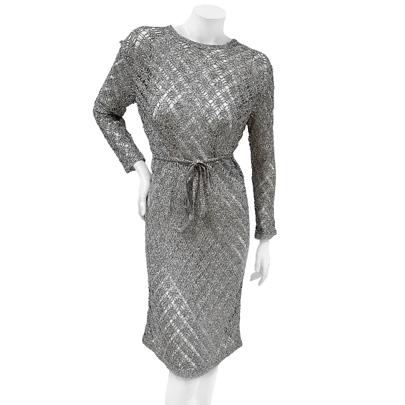 Fancy Lace Overlay Long Sleeves DressVintage Long Sleeve Silver Crocheted Dress